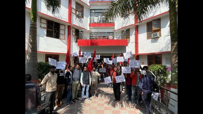 Railway employees during a protest in Ludhiana on Saturday.
