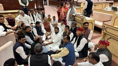 Congress ML:As stage protest inside the Rajasthan assembly after being suspended for the remainder of the budget session. (Rajasthan PCC/X) Congress ML:As stage protest inside the Rajasthan assembly after being suspended for the remainder of the budget session. (Rajasthan PCC/X)