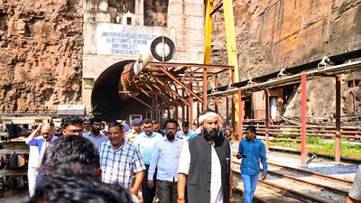 Telangana irrigation minister N Uttam Kumar Reddy visits the under construction stretch in the tunnel of Srisailam Left Bank Canal (SLBC) project where a section of roof collapsed, in Nagarkurnool district, Saturday, Feb 22, 2025. (PTI)