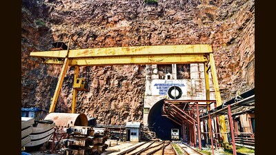 The under-construction stretch in the tunnel of SLBC project where a section of roof collapsed, in Nagarkurnool district of Telangana on Saturday. (PTI)