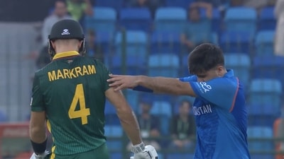 Fazalhaq Farooqi pushes Aiden Markram (Screengrab) Fazalhaq Farooqi pushes Aiden Markram (Screengrab)