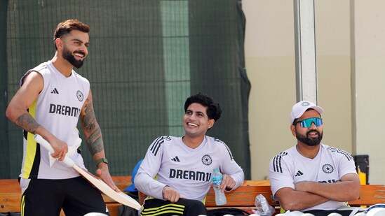 India's captain Rohit Sharma and teammates Virat Kohli and Shubman Gill during a practice session. (Surjeet Yadav)
