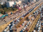 An aerial view vehicles stuck in a traffic jam due to a massive influx of pilgrims at the Maha Kumbh Mela