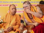UP CM Yogi Adityanath with Shankaracharya of Kanchi Kamakoti Peetham Jagadguru Shankara Vijayendra Saraswati Swamigal during Maha Kumbh Mela Mahotsav program at Maha Kumbh Mela 2025 in Prayagraj, Sunday, Feb. 23. UP CM Yogi Adityanath with Shankaracharya of Kanchi Kamakoti Peetham Jagadguru Shankara Vijayendra Saraswati Swamigal during Maha Kumbh Mela Mahotsav program at Maha Kumbh Mela 2025 in Prayagraj, Sunday, Feb. 23.