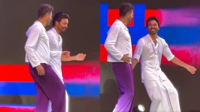 Prabhu Deva and Dhanush danced to Rowdy Baby at a concert in Chennai. Prabhu Deva and Dhanush danced to Rowdy Baby at a concert in Chennai.