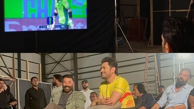 MS Dhoni watched the India vs Pakistan Champions Trophy clash with Sunny Deol by his side. (JioHotstar) MS Dhoni watched the India vs Pakistan Champions Trophy clash with Sunny Deol by his side. (JioHotstar)