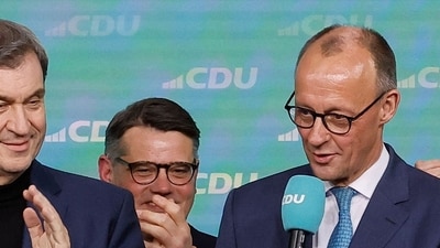 Friedrich Merz, leader of Germany's conservative Christian Democratic Union (CDU) and his party's main candidate for Chancellor addresses supporters after the first exit polls. (AFP) Friedrich Merz, leader of Germany's conservative Christian Democratic Union (CDU) and his party's main candidate for Chancellor addresses supporters after the first exit polls. (AFP)