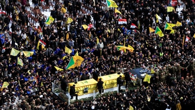 A vehicle carries the coffins of former Hezbollah leaders Hassan Nasrallah and Hashem Safieddine, who were killed in Israeli airstrikes last year, on the day of a public funeral ceremony, in Camille Chamoun Sports City Stadium, on the outskirts of Beirut, Lebanon on February 23, 2025. (REUTERS)