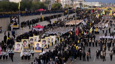 Hezbollah's al-Mahdi scouts march during the funeral procession of the former leader Hassan Nasrallah and his cousin and successor Hashem Safieddine, outside the Sports City Stadium in Beirut, Lebanon, Sunday, Feb. 23, 2025. (AP) Hezbollah's al-Mahdi scouts march during the funeral procession of the former leader Hassan Nasrallah and his cousin and successor Hashem Safieddine, outside the Sports City Stadium in Beirut, Lebanon, Sunday, Feb. 23, 2025. (AP)
