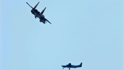 An Israeli fighter jet flies over a Lebanese Airforce Cessna plane during the funeral ceremony of Hezbollah's former leader Hassan Nasrallah and his cousin and successor Hashem Safieddine in the Sports City Stadium in Beirut, Lebanon, Sunday, Feb. 23, 2025. (AP) An Israeli fighter jet flies over a Lebanese Airforce Cessna plane during the funeral ceremony of Hezbollah's former leader Hassan Nasrallah and his cousin and successor Hashem Safieddine in the Sports City Stadium in Beirut, Lebanon, Sunday, Feb. 23, 2025. (AP)