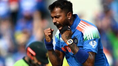 India's Hardik Pandya celebrates after taking the wicket of Pakistan's Saud Shakeel in Dubai on Sunday. (AFP) India's Hardik Pandya celebrates after taking the wicket of Pakistan's Saud Shakeel in Dubai on Sunday. (AFP)