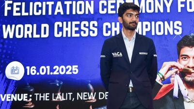 Indian grandmaster D Gukesh during a felicitation ceremony in New Delhi after becoming the youngest FIDE world chess champion in December. (Jitender Gupta)