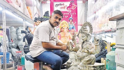 Mumbai, India – 23, Feb 2025: A artist at Ganpati Workshop at Lalbaug, in Mumbai, India, on Sunday, Feb 23, 2025. (Photo by Bhushan Koyande/HT Photo) Mumbai, India – 23, Feb 2025: A artist at Ganpati Workshop at Lalbaug, in Mumbai, India, on Sunday, Feb 23, 2025. (Photo by Bhushan Koyande/HT Photo)
