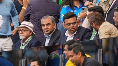 International Cricket Council (ICC) Chairman Jay Shah, Chairman of Pakistan Cricket Board (PCB) Mohsin Naqvi, BJP leader Anurag Thakur and others watch a One Day International (ODI) cricket match of the ICC Champions Trophy between India and Pakistan. (PTI) International Cricket Council (ICC) Chairman Jay Shah, Chairman of Pakistan Cricket Board (PCB) Mohsin Naqvi, BJP leader Anurag Thakur and others watch a One Day International (ODI) cricket match of the ICC Champions Trophy between India and Pakistan. (PTI)