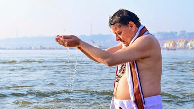 Uttarakhand chief minister Pushkar Dhami took a holy dip at the Triveni Sangam during the ongoing Maha Kumbh in Prayagraj on February 10, (@pushkardhami) Uttarakhand chief minister Pushkar Dhami took a holy dip at the Triveni Sangam during the ongoing Maha Kumbh in Prayagraj on February 10, (@pushkardhami)