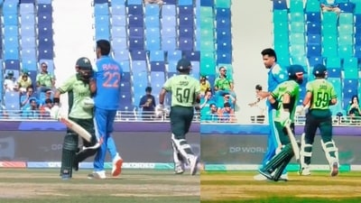 Harshit Rana and Mohammad Rizwan had a collision during Pakistan innings. (JioHostar/Screengrab) Harshit Rana and Mohammad Rizwan had a collision during Pakistan innings. (JioHostar/Screengrab)