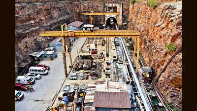 The under construction stretch in the Srisailam Left Bank Canal (SLBC) tunnel project in Nagarkurnool district where a section of roof collapsed on Saturday. (PTI) The under construction stretch in the Srisailam Left Bank Canal (SLBC) tunnel project in Nagarkurnool district where a section of roof collapsed on Saturday. (PTI)