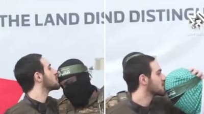 Omer Shem Tov's gesture of kissing his Hamas captors sparked mixed reactions online. (X/@WarMonitors) Omer Shem Tov's gesture of kissing his Hamas captors sparked mixed reactions online. (X/@WarMonitors)