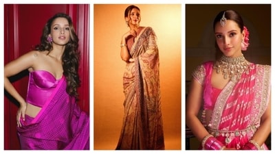 Triptii Dimri embraces the traditional saree in all their glory but knows how to experiment. From pairing corset blouses to exploring different draping styles and saree accessories, she proves that fashion is all about creativity. (Instagram) Triptii Dimri embraces the traditional saree in all their glory but knows how to experiment. From pairing corset blouses to exploring different draping styles and saree accessories, she proves that fashion is all about creativity. (Instagram)