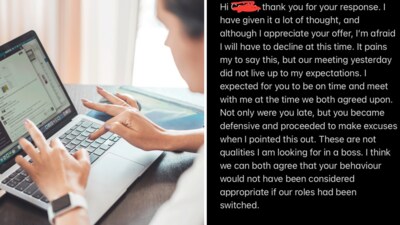 Nicole, a job applicant, declined an offer after her interviewer arrived 45 minutes late. (Reddit) Nicole, a job applicant, declined an offer after her interviewer arrived 45 minutes late. (Reddit)