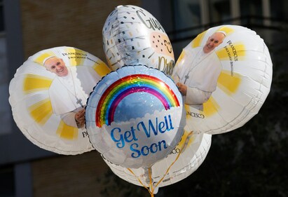 Balloons with an image of Pope Francis are seen outside the Gemelli Hospital where Pope Francis is admitted for treatment, in Rome, Italy, February 23, 2025. (Reuters)