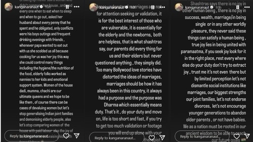 Kangana asked her fans and followers to stop "demonising elderly people and comparing women of the house with paid labour". Kangana asked her fans and followers to stop "demonising elderly people and comparing women of the house with paid labour".