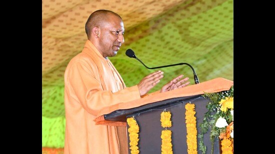 Chief minister Yogi Adityanath at an event in the Mahakumbh Mela area on Sunday. (HT)