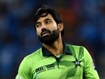 Pakistan's captain Mohammad Rizwan gestures at the end of the India vs Pakistan match.