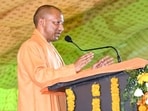 UP chief minister Yogi Adityanath at an event in the Maha Kumbh Mela area on Sunday. (HT)