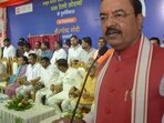 Deputy CM Keshav Prasad Maurya speaking at the event in Prayagraj on Sunday. (HT) Deputy CM Keshav Prasad Maurya speaking at the event in Prayagraj on Sunday. (HT)