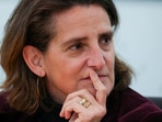 Teresa Ribera, the European Union's competition commissioner, looks on during an interview with Reuters in London, Britain, February 17, 2025.