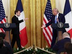 U.S. President Donald Trump and French President Emmanuel Macron hold a press conference, at the White House in Washington, D.C., U.S., February 24, 2025. 