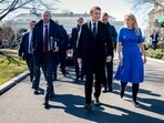 Emmanuel Macron, France's president (center) at the US State Department outside the White House in Washington DC on Monday. Emmanuel Macron, France's president (center) at the US State Department outside the White House in Washington DC on Monday.