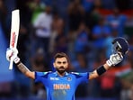 India's Virat Kohli celebrates his century during the ICC Champions Trophy 2025- Group A match against Pakistan, at Dubai International Cricket Stadium.

