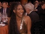 Jessica Williams tells Harrison Ford to turn away during her speech. Jessica Williams tells Harrison Ford to turn away during her speech.