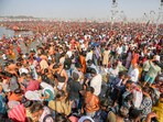 Devotees take a dip at Triveni Sangam during the ongoing Maha Kumbh, in Prayagraj on Monday, February 24.
