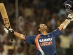 Sachin Tendulkar celebrates after scoring the first-ever double century by any batsman in ODI cricket.