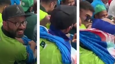 A Pakistan fan was was caught changing his cricket allegiance in Dubai in a viral video. (Twitter) A Pakistan fan was was caught changing his cricket allegiance in Dubai in a viral video. (Twitter)
