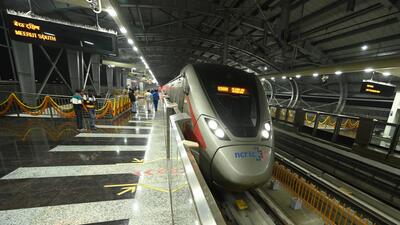 A Namo Bharat train at New Ashok Nagar on January 5. (Arvind Yadav/HT Photo) A Namo Bharat train at New Ashok Nagar on January 5. (Arvind Yadav/HT Photo)