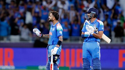 India's Virat Kohli celebrates his century during the ICC Champions Trophy 2025- Group A match against Pakistan, at Dubai International Cricket Stadium in Dubai on Sunday (Surjeet Yadav) India's Virat Kohli celebrates his century during the ICC Champions Trophy 2025- Group A match against Pakistan, at Dubai International Cricket Stadium in Dubai on Sunday (Surjeet Yadav)