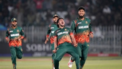 Bangladesh's Taskin Ahmed, center, and teammates celebrate after taking the wicket of New Zealand's Will Young during the ICC Champions Trophy match. (AP) Bangladesh's Taskin Ahmed, center, and teammates celebrate after taking the wicket of New Zealand's Will Young during the ICC Champions Trophy match. (AP)