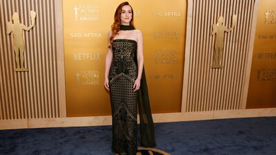 Leighton Meester attends the 2025 SAG Awards in Los Angeles, California, U.S., February 23, 2025. She kept her red carpet fashion colour-coordinated with real-life partner Adam Brody.&nbsp; (REUTERS)