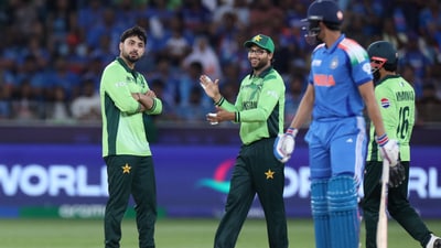 Pakistan's Abrar Ahmed celebrates after taking the wicket of India's Shubman Gill (REUTERS)