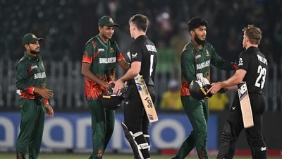 New Zealand sealed a semifinal spot in the Champions Trophy after cruising past Bangladesh by five wickets. With the win, New Zealand have knocked out Pakistan and Bangladesh out of the semi-final race. (AFP) New Zealand sealed a semifinal spot in the Champions Trophy after cruising past Bangladesh by five wickets. With the win, New Zealand have knocked out Pakistan and Bangladesh out of the semi-final race. (AFP)