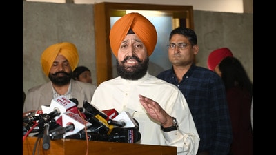 Congress MLA and Punjab leader of Opposition Partap Singh Bajwa interacting with mediapersons during the special session of the Punjab Vidhan Sabha in Chandigarh on Monday. (HT photo) Congress MLA and Punjab leader of Opposition Partap Singh Bajwa interacting with mediapersons during the special session of the Punjab Vidhan Sabha in Chandigarh on Monday. (HT photo)