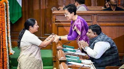 Delhi chief minister Rekha Gupta with LOP Atishi in the assembly. (Photo by Raj K Raj/ Hindustan Times) Delhi chief minister Rekha Gupta with LOP Atishi in the assembly. (Photo by Raj K Raj/ Hindustan Times)