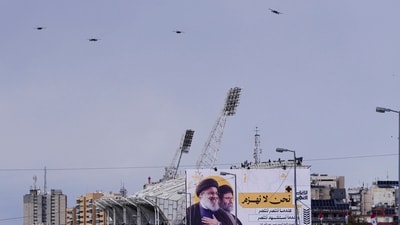 Israeli fighter jets fly over the city during the funeral procession of Lebanon's former Hezbollah leaders, Hassan Nasrallah and his cousin and successor, Hashem Safieddine, in Beirut. (AP) Israeli fighter jets fly over the city during the funeral procession of Lebanon's former Hezbollah leaders, Hassan Nasrallah and his cousin and successor, Hashem Safieddine, in Beirut. (AP)