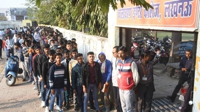 Students could be seen waiting in queue outside an examination centre in Lucknow before the commencement of the UP Board Exams 2025. (Deepak Gupta, Hindustan Times) Students could be seen waiting in queue outside an examination centre in Lucknow before the commencement of the UP Board Exams 2025. (Deepak Gupta, Hindustan Times)