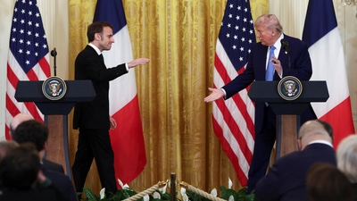 U.S. President Donald Trump and French President Emmanuel Macron hold a press conference, at the White House in Washington, D.C., U.S., February 24, 2025. (REUTERS)