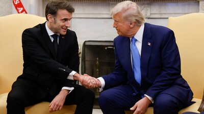 President Donald Trump, right, shakes the hand of France's President Emmanuel Macron during a meeting in the Oval Office of the White House in Washington, Monday, Feb. 24, 2025. (AP) President Donald Trump, right, shakes the hand of France's President Emmanuel Macron during a meeting in the Oval Office of the White House in Washington, Monday, Feb. 24, 2025. (AP)